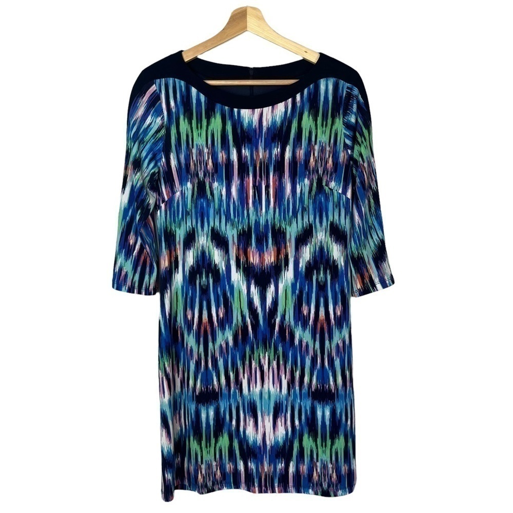 Jessica Howard Green & Blue Printed‎ 3/4 Sleeve Shift Dress 10P